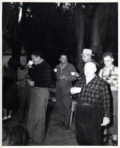 Gov, Hermen Talmadge drinking coffee, Fulton Lovell (wearing hat), CPB (right) and friends from Gainesville.jpg